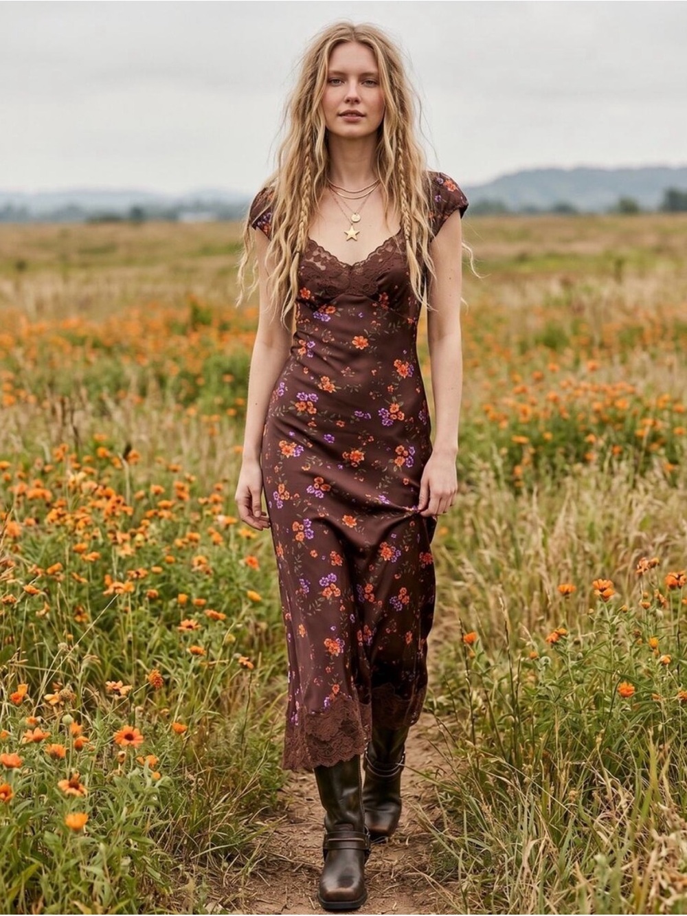 Free People Butterfly Babe Fall Brown Burgundy Floral Lace-Trim Maxi Dress